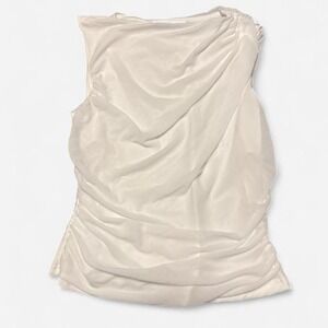 Zesica Womens White Mesh Ruched Draped Cowl Neck Sleeveless Tank Top Small